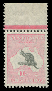 AUSTRALIA - Kangaroos - CofA Watermark: 10/- Grey & Pink marginal example from the top of the sheet, very well centred, unmounted, BW:50a - Cat. $2750. Lovely example.