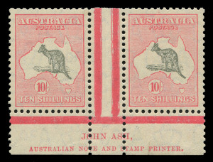 AUSTRALIA - Kangaroos - CofA Watermark: 10/- Grey & Pink, Ash Imprint pair, the right hand unit variety "Open-mouthed Roo" [R55] BW:50zc, very well centred, MUH, extrapolated Cat. (for MUH) $13000+.