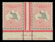 AUSTRALIA - Kangaroos - CofA Watermark: 10/- Grey & Pink, Ash Imprint pair, the right hand unit variety "Open-mouthed Roo" [R55] BW:50zc, very well centred, MUH, extrapolated Cat. (for MUH) $13000+.