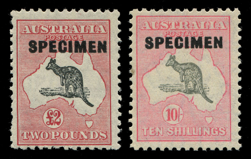 AUSTRALIA - Kangaroos - CofA Watermark: 10/- Grey & Pink and £2 Black & Rose both overprinted "SPECIMEN" Type D, MUH, BW:50xe & 58x - Cat $365.