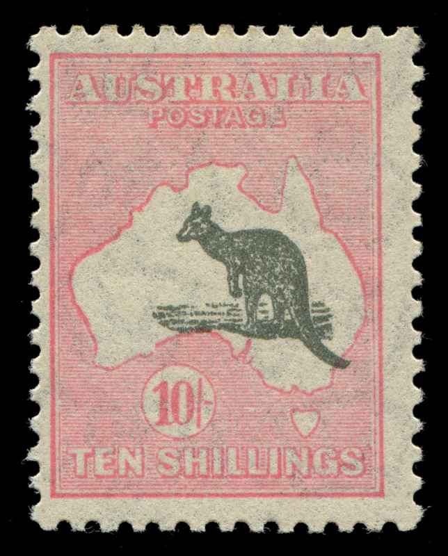 AUSTRALIA - Kangaroos - CofA Watermark: 10/- Dark Grey & Aniline Pink with "Roo displaced downwards with tail dipping in sea off NSW coast", MVLH, BW:50E - Cat. $2750, plus premium for vignette displacement.