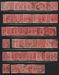 AUSTRALIA - KGV Heads - Collections & Accumulations: 1d Red accumulation on hagners, both Smooth & Rough papers, good variety of shades and reactions under u/v light, varieties including Die IIs and frame flaws, plus a page with minor varieties all annotated on reverse; postmarks interest likely including dated and numeral cancels. Good lot which is likely to reward closer inspection. (500 approx)