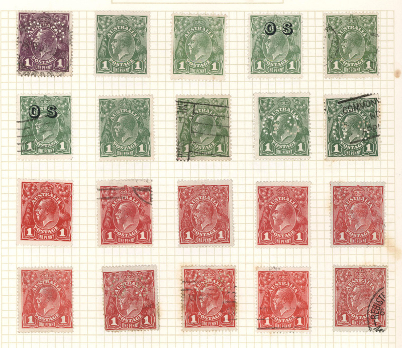 AUSTRALIA - KGV Heads - Collections & Accumulations: Disorganised mostly used accumulation on hagners & album pages with values to 1/4d (9) including Single Wmk pair, good representation of perf 'OS' isssues and shades, few mint/unused oddments, postmark