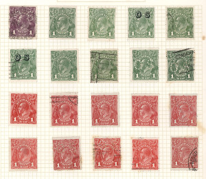 AUSTRALIA - KGV Heads - Collections & Accumulations: Disorganised mostly used accumulation on hagners & album pages with values to 1/4d (9) including Single Wmk pair, good representation of perf 'OS' isssues and shades, few mint/unused oddments, postmark 