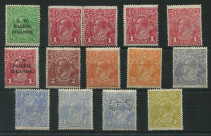 AUSTRALIA - KGV Heads - Single Watermark: Single Wmk mint selection with 1d Red (5) including Smooth Paper pair variety "RA Joined", Cooke 4d Blue perf 'OS' (paper wrinkle), Harrison 4d Blue WATERMARK INVERTED, 4½d Violet perf 'OS' (heavy hinge rems), 1/4