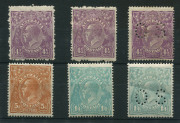 AUSTRALIA - KGV Heads - Single Watermark: Single Wmk mint selection with 1d Red (5) including Smooth Paper pair variety "RA Joined", Cooke 4d Blue perf 'OS' (paper wrinkle), Harrison 4d Blue WATERMARK INVERTED, 4½d Violet perf 'OS' (heavy hinge rems), 1/4 - 2