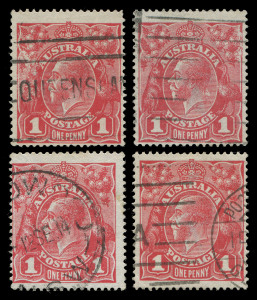 AUSTRALIA - KGV Heads - Single Watermark: 1d Red Smooth Paper Plate 2 "Rusted (Pre-Substituted ClichÃ©s)" reconstructed block including the units below with "Thin G" and "Pregnant 'Y' , used, BW: 71(2)j,k,l & m, Cat. $1680+.