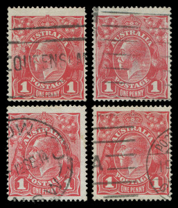 AUSTRALIA - KGV Heads - Single Watermark: 1d Red Smooth Paper Plate 2 "Rusted (Pre-Substituted Clichés)" reconstructed block including the units below with "Thin G" and "Pregnant 'Y' , used, BW: 71(2)j,k,l & m, Cat. $1680+.