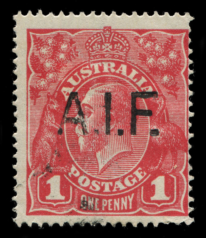 AUSTRALIA - KGV Heads - Single Watermark: 1d Red Smooth Paper with unauthorised 'A.I.F.' overprint applied by Captain Merrillees, a medical officer who served on board the SS Orontes troop ship during WWI, lightly cancelled. Seldom offered.