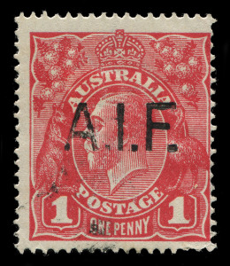AUSTRALIA - KGV Heads - Single Watermark: 1d Red Smooth Paper with unauthorised 'A.I.F.' overprint applied by Captain Merrillees, a medical officer who served on board the SS Orontes troop ship during WWI, lightly cancelled. Seldom offered.