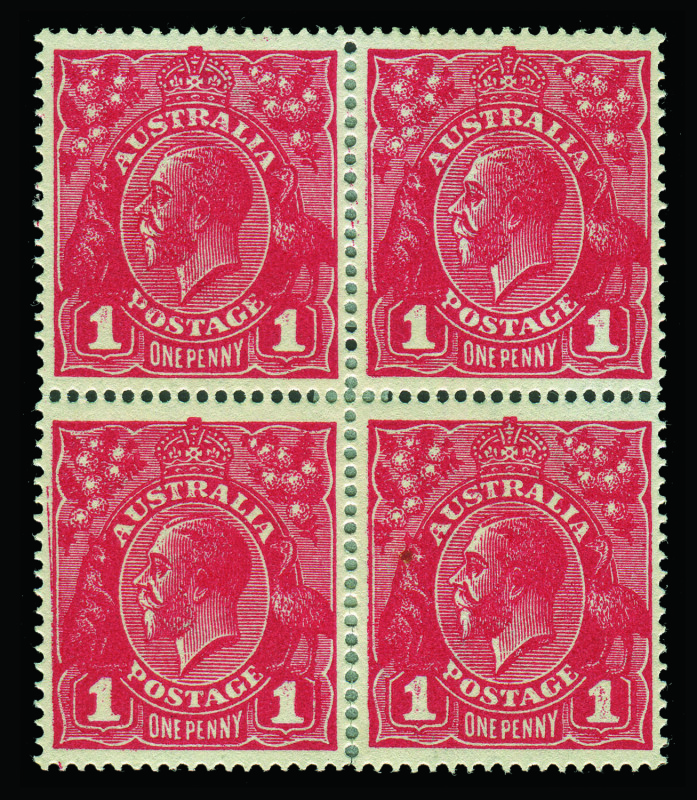 AUSTRALIA - KGV Heads - Single Watermark: 1d Deep Red Die III (G110) block of 4 with "Kiss Print " evident on all units, well centred, the central vertical perfs reinforced, BW:75Bca - Cat. $6000+.