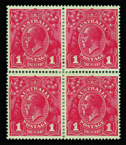 AUSTRALIA - KGV Heads - Single Watermark: 1d Deep Red Die III (G110) block of 4 with "Kiss Print " evident on all units, well centred, the central vertical perfs reinforced, BW:75Bca - Cat. $6000+.