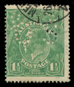 AUSTRALIA - KGV Heads - Single Watermark: 1½d Green Electro 12 variety "Cracked Electro through leg of Kangaroo" (early state) [12R22], tidy Melbourne datestamp well clear if the flaw, BW:88(12)n - Cat. $450.