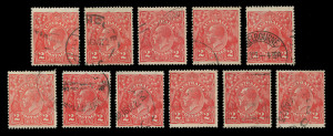AUSTRALIA - KGV Heads - Single Watermark: 2d Red BW:96 varieties used selection including "White flaw on emu's body" (16)u (Cat. $200), other varieties comprising Electro 10f, Electro 11,d,f,ga & j, Electro 12i & j, 12Ad & e, and 16p; all with tidy datest