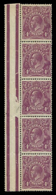 AUSTRALIA - KGV Heads - Single Watermark: 4d Violet Plate 2 Right Pane marginal strip of 5 [R1,7,13,19,25] with varieties "Thickened lower left frame [R13] & "Elongated S.E. corner (retouch)" [R19], hinge reinforcement between 3rd & 4th units, some mild g