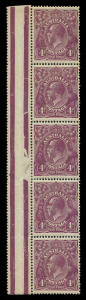 AUSTRALIA - KGV Heads - Single Watermark: 4d Violet Plate 2 Right Pane marginal strip of 5 [R1,7,13,19,25] with varieties "Thickened lower left frame [R13] & "Elongated S.E. corner (retouch)" [R19], hinge reinforcement between 3rd & 4th units, some mild g