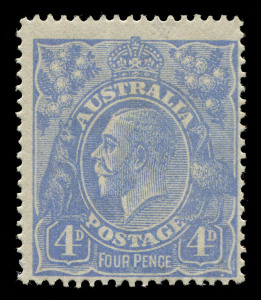 AUSTRALIA - KGV Heads - Single Watermark: 4d Ultramarine Harrison Printing WATERMARK INVERTED with variety "Distorted S.E. corner", fine mint, BW.113aa(4)o - extraplolated Cat. $500.