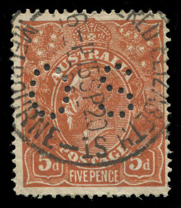 AUSTRALIA - KGV Heads - Single Watermark: 5d Bright Chestnut perforated 'OS' Single-line Perf. 14 variety "Damaged N.W. corner - State III" [1L56], corner bend at lower-left, 'REGISTERED ELIZABETH ST/MELBOURNE' datestamp, BW.124qb - Cat. $750. Starling Ce