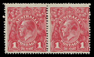 AUSTRALIA - KGV Heads - Large Multiple Watermark: Harrison Printings 1d Carmine-Rose pair, left hand unit variety "Secret mark" [VII/1], fine MLH, BW:74A(4)d - Cat. $365+.