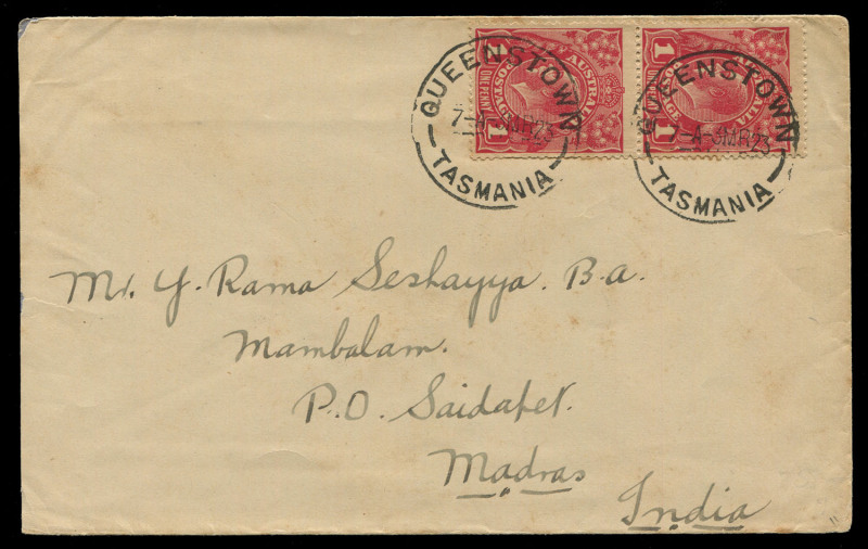 AUSTRALIA - KGV Heads - Large Multiple Watermark: Harrison Printings 1d Deep Carmine-Rose pair tied to by QUEENSTOWN (Tas) '3MR23' datestamps to cover addressed to India, SAIDAPET/MADRAS arrival backstamp, BW:74B - single stamp alone Cat. $250 on cover, p