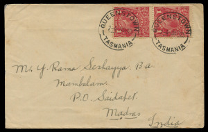 AUSTRALIA - KGV Heads - Large Multiple Watermark: Harrison Printings 1d Deep Carmine-Rose pair tied to by QUEENSTOWN (Tas) '3MR23' datestamps to cover addressed to India, SAIDAPET/MADRAS arrival backstamp, BW:74B - single stamp alone Cat. $250 on cover, p