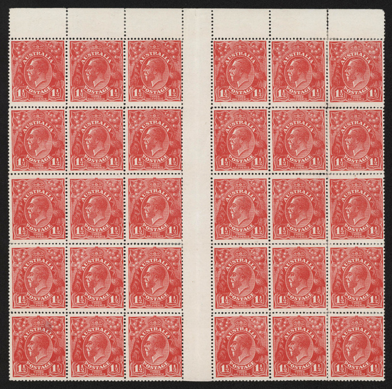 AUSTRALIA - KGV Heads - No Watermark: 1½d Red interpane block of 30 [LP4-6 to 28-30, RP 1-3 to 25-27], left pane variety "White spot over Roo's foot" [L4], right pane variety "White flaw over Roo's ears" [L23], perf reinforcements and lower-left unit thin