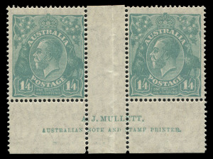 AUSTRALIA - KGV Heads - Small Multiple Watermark Perf 14: 1/4d Greenish-Blue Mullett imprint pair, mounted in central gutter only, stamps MUH, BW:129z - Cat. $4000 (as a mounted block of 4)