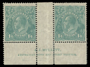 AUSTRALIA - KGV Heads - Small Multiple Watermark Perf 14: 1/4d Greenish-Blue Mullett imprint pair, mounted in central gutter only, stamps MUH, BW:129z - Cat. $4000 (as a mounted block of 4)