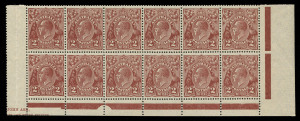 AUSTRALIA - KGV Heads - Small Multiple Watermark Perf 13½ x 12½: 2d Red-Brown Plate 1 marginal block of 12 from base of right pane with part Ash 'N' over 'N' imprint and Brusden White listed varieties at [1R49,53 &55], central perf separation, couple of m