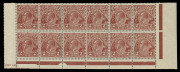 AUSTRALIA - KGV Heads - Small Multiple Watermark Perf 13½ x 12½: 2d Red-Brown Plate 1 marginal block of 12 from base of right pane with part Ash 'N' over 'N' imprint and Brusden White listed varieties at [1R49,53 &55], central perf separation, couple of m