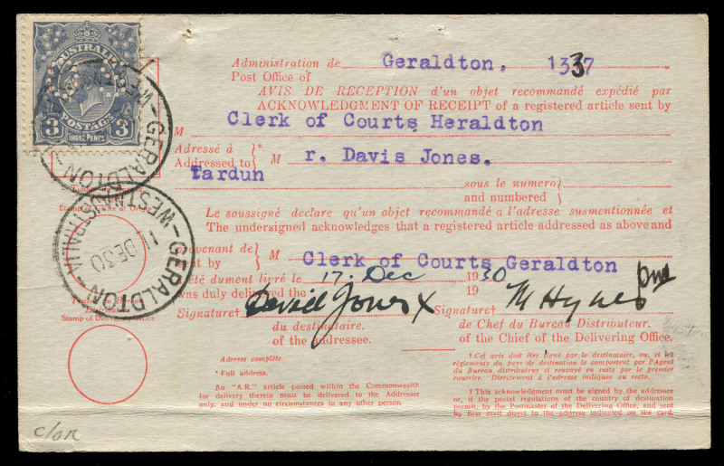 AUSTRALIA - KGV Heads - Small Multiple Watermark Perf 13½ x 12½: 3d Blue Die II punctured 'OS' BW:108b tied by GERALDTON '11DE30' datestamp to Avis De Reception card, TARDUN (WA) arrival datestamp.