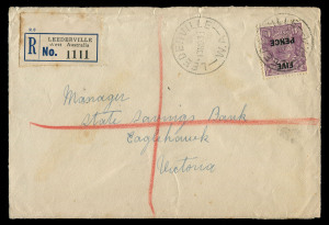 AUSTRALIA - KGV Heads - Small Multiple Watermark Perf 13½ x 12½: FIVE PENCE' on 4½d violet BW:125 solo franking tied by Leederville (WA) '13NO30' datestamp to registered cover (opened on 3 sides) addressed to Eaglehawk (Vic), appropriate backstamps, some mild toning. Scarce solo franking.