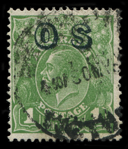 AUSTRALIA - KGV Heads - CofA Watermark: 1d Green overprinted 'OS' WATERMARK REVERSED, commercially used. Hard to source, BW:82(OS)aa - Cat. $2500.