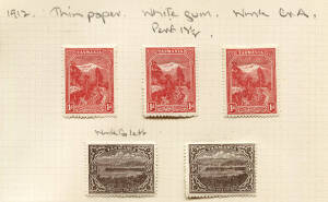 1912 (SG.261-262) 1d & 3d Pictorials Thin Paper printings: study on leaves incl. both perfs.of 1d, 1d compound perf. single 12&frac12; by 11 (SG.261b,M unpriced thus in SG.) and JBC monogram blk. of 6. 3d is present as 3M, 2U. Fresh appearance. Cat.&pound;1400++. (29)