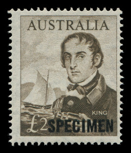 AUSTRALIA - Other Pre-Decimals: Overprinted 'SPECIMEN' selection with 10/- Robes, 10/- to £2 Arms mounted mint and Navigators 7/6d to £2 MUH, Cat.$1000+. (8)