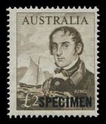 AUSTRALIA - Other Pre-Decimals: Overprinted 'SPECIMEN' selection with 10/- Robes, 10/- to &pound;2 Arms mounted mint and Navigators 7/6d to &pound;2 MUH, Cat.$1000+. (8)