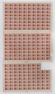 AUSTRALIA - Other Pre-Decimals: 1927 (SG.105) 1½d Canberra complete sheets of 80 (2) and one large-part sheet of 76 (corner block of 4 excised), some peripheral perf separations and two of the items with patch of staining on lower selvedge only, all with full unmounted gum. (3 items)