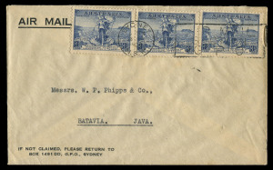 AUSTRALIA - Other Pre-Decimals: 1936 (SG.160) 3d Cable strip of 3 on 1936 airmail cover to Java, centre unit variety "Retouched shading lines under 'PO' of 'POSTAGE'" [1D/R39], stamp tied by SYDNEY machine cancel, BATAVIA backstamp, BW:170ga, extrapolated