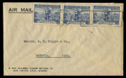 AUSTRALIA - Other Pre-Decimals: 1936 (SG.160) 3d Cable strip of 3 on 1936 airmail cover to Java, centre unit variety "Retouched shading lines under 'PO' of 'POSTAGE'" [1D/R39], stamp tied by SYDNEY machine cancel, BATAVIA backstamp, BW:170ga, extrapolated