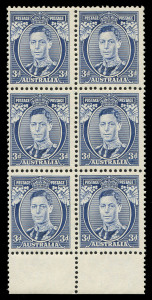 AUSTRALIA - Other Pre-Decimals: 1937-49 (SG.168a) KGVI 3d blue Die I "White Wattles" marginal block of 6 (2x3), centre-left unit variety "Bottom frame thinned under 'AU'", fresh MUH, BW:190 & 190d - Cat. $2600+