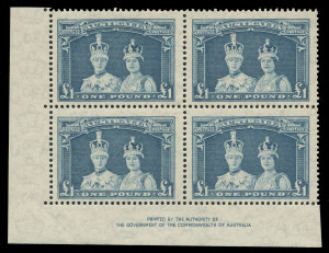 AUSTRALIA - Other Pre-Decimals: 1937-49 (SG.178a) £1 Robes Thin Paper Authority Imprint block of 4, trivial bend on corner selvedge only, stamps fresh MUH, BW. 217z - Cat. $850.
