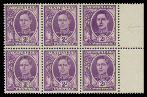 AUSTRALIA - Other Pre-Decimals: 1944-51 (SG.205) 2d Bright Purple marginal block of 6, upper-right unit "Severe over-inking" causing King's face to look scarred and bruised, the five other units unaffected. Spectacular transient flaw.