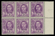 AUSTRALIA - Other Pre-Decimals: 1944-51 (SG.205) 2d Bright Purple marginal block of 6, upper-right unit "Severe over-inking" causing King's face to look scarred and bruised, the five other units unaffected. Spectacular transient flaw.