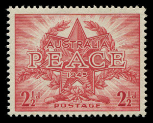 AUSTRALIA - Other Pre-Decimals: 1946 (SG.213) 2½d Peace NO WATERMARK, MUH, BW.236a - Cat $200; also 1942-50 CofA Wmk 1½d Queen Elizabeth vertical pair with "Severe over-inking", particularly lower unit with Queen's face partially obliterated. lower unit MUH.