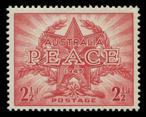 AUSTRALIA - Other Pre-Decimals: 1946 (SG.213) 2½d Peace NO WATERMARK, MUH, BW.236a - Cat $200; also 1942-50 CofA Wmk 1½d Queen Elizabeth vertical pair with "Severe over-inking", particularly lower unit with Queen's face partially obliterated. lower unit M