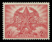 AUSTRALIA - Other Pre-Decimals: 1946 (SG.213) 2&frac12;d Peace NO WATERMARK, MUH, BW.236a - Cat $200; also 1942-50 CofA Wmk 1&frac12;d Queen Elizabeth vertical pair with "Severe over-inking", particularly lower unit with Queen's face partially obliterated. lower unit M