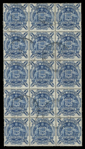 AUSTRALIA - Other Pre-Decimals: 1949-64 (SG.224c) £1 Arms block of 15 (3x5) and a marginal block of 9, both fine postally used with none of the usual wrinkling associated with large multiples.