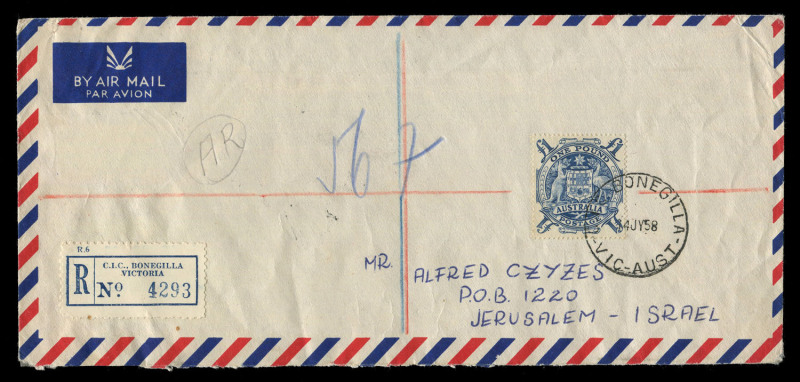 AUSTRALIA - Other Pre-Decimals: 1949 (SG.224c) £1 Arms solo franking tied by C.I.C. Bonegilla (Migrant Reception and Training Centre) datestamp to 1958 (Jul. 14) registered A.R. cover (opened at base) to Jerusalem. Israel, corresponding registration l