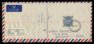 AUSTRALIA - Other Pre-Decimals: 1949 (SG.224c) £1 Arms solo franking tied by C.I.C. Bonegilla (Migrant Reception and Training Centre) datestamp to 1958 (Jul. 14) registered A.R. cover (opened at base) to Jerusalem. Israel, corresponding registration label, Jerusalem arrival backstamp. A rare solo franking/destination for 2/- half oz. airmail x9 + Registration (1/3d) and A.R. fee .