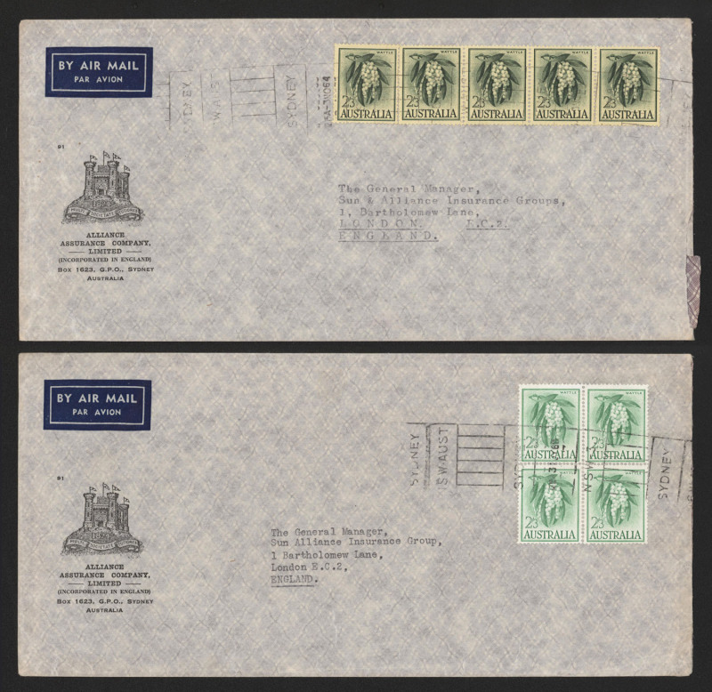 AUSTRALIA - Other Pre-Decimals: 1964-66 (SG.324) 2/3d White Wattles block of 4 paying quadruple rate on 1996 cover to England, also a 1964 cover to same addressee with 2/3d Yellow Wattles strip of 5 paying quintuple rate. Scarce multiples on cover, partic